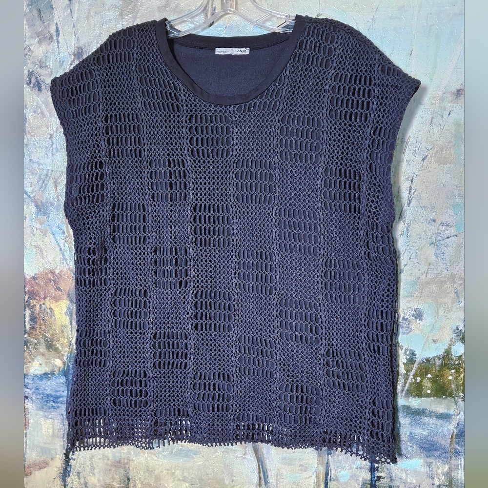ZARA Charcoal Gray Crochet Chunky Open-Knit Mesh Sleeveless Tank Top Vest Sz L